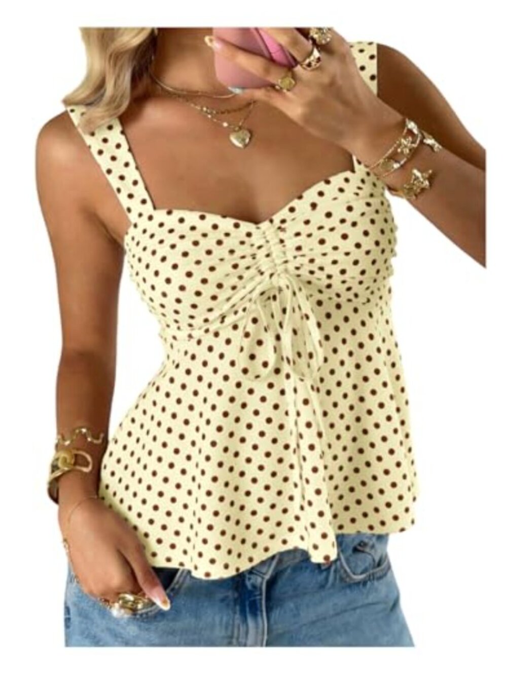 Polka Dots Babydoll Tank Top Tie Front Ruched Sweetheart Neck Summer Vacation